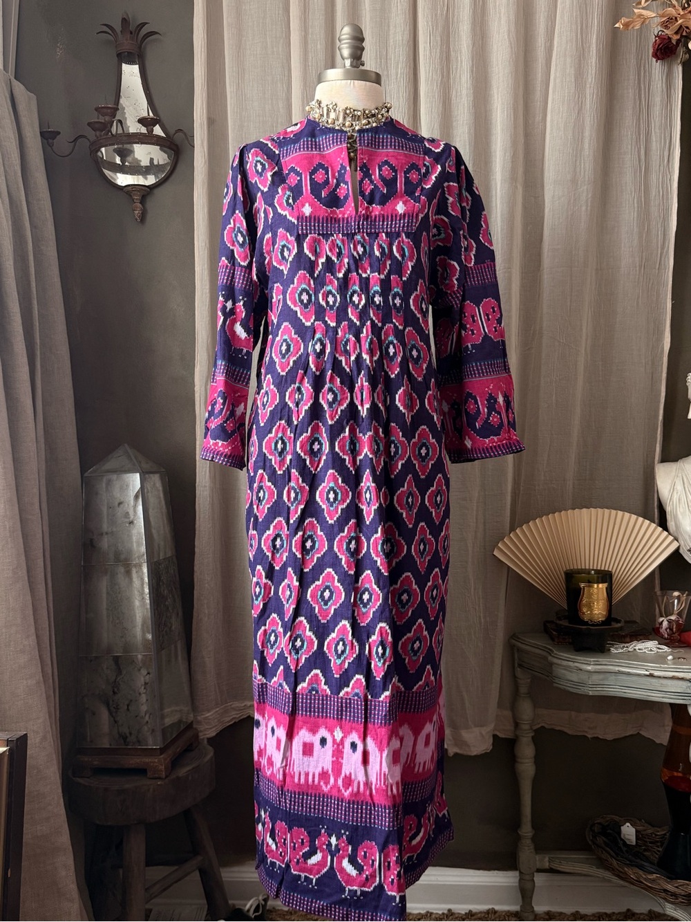 Vintage Bohemian Long Sleeve ikat kaftan patterned blockprint Indian Maxi Dress